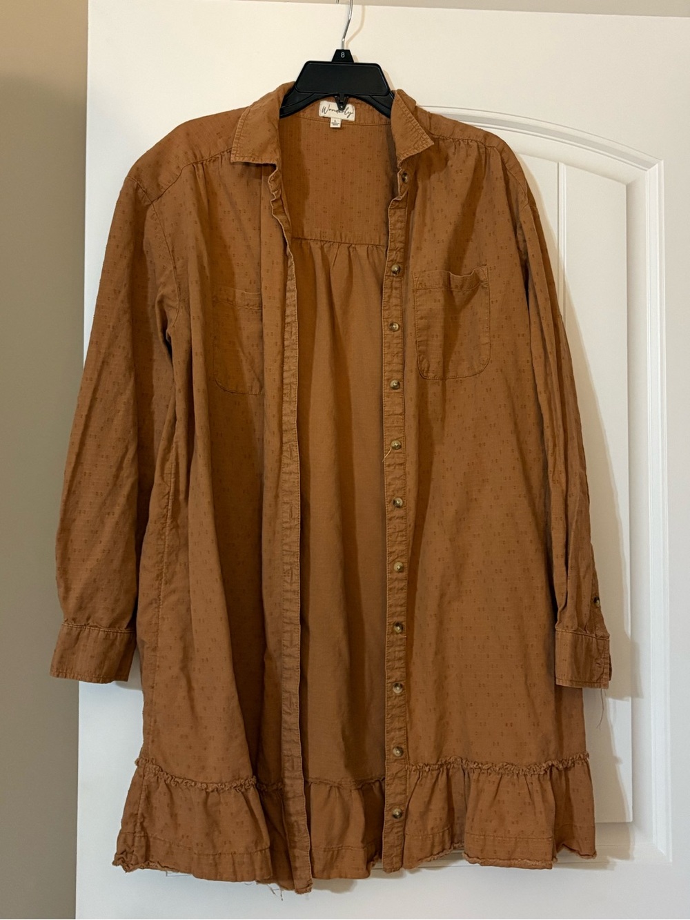 Womens Button-Up Ruffled Hem Dress- Caramel Brown